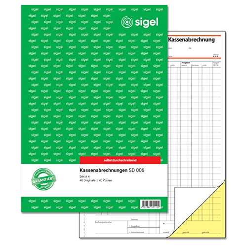 SIGEL SD006 Kassenabrechnungen A4, 2x40 Blatt, selbstdurchschreibend, 1 Stück, mikroperforiert, mit Abheftlochung von Sigel