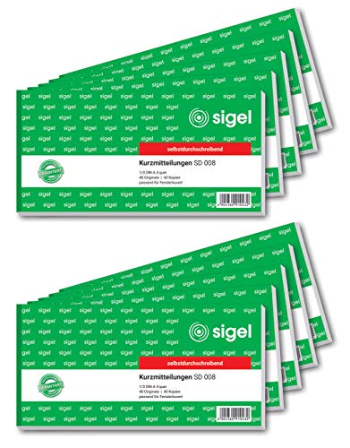 SIGEL SD008/10 Kurzmitteilungsblock 1/3 A4 quer, 2x40 Blatt, selbstdurchschreibend, 10er Pack, aus nachhaltigem Papier von Sigel