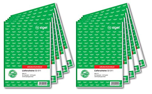 SIGEL SD011/10 Lieferscheine A5, 2x40 Blatt, selbstdurchschreibend, 10er Pack, mikroperforiert, mit Abheftlochung, aus nachhaltigem Papier von Sigel
