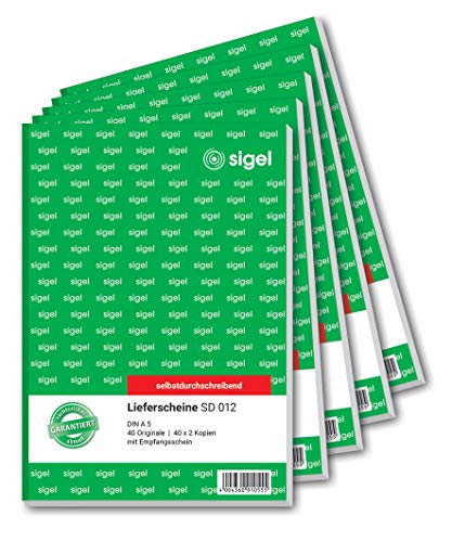 SIGEL SD012/5 Lieferscheine A5, 3x40 Blatt, selbstdurchschreibend, 5er Pack, mikroperforiert, mit Abheftlochung, aus nachhaltigem Papier von Sigel