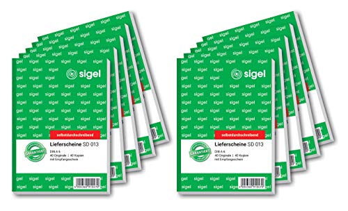 SIGEL SD013/10 Lieferscheine A6, 2x40 Blatt, selbstdurchschreibend, 10er Pack, aus nachhaltigem Papier von Sigel