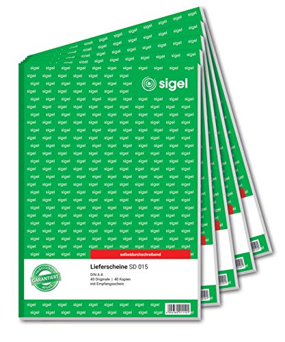SIGEL SD015/5 Lieferscheine A4, 2x40 Blatt, selbstdurchschreibend, 5er Pack, mikroperforiert, mit Abheftlochung von Sigel