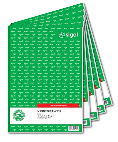 SIGEL SD015/5 Lieferscheine A4, 2x40 Blatt, selbstdurchschreibend, 5er Pack, mikroperforiert, mit Abheftlochung, aus nachhaltigem Papier von Sigel