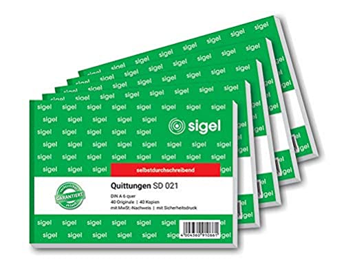 SIGEL SD021 Quittungsblock A6 quer, 5 Stück, 2x40 Blatt, selbstdurchschreibend, Standardquittung, mit 1 Durchschlag, mikroperforiert von Sigel
