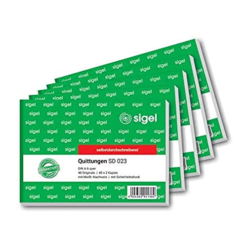 SIGEL SD023/5 Quittungsblock A6 quer, 5 Stück, 3x40 Blatt, selbstdurchschreibend, mikroperforiert, aus nachhaltigem Papier von Sigel