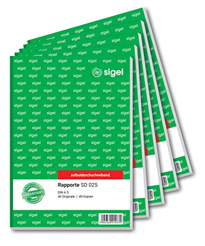 SIGEL SD025/5 Rapport A5, 2x40 Blatt, selbstdurchschreibend, 5er Pack, mikroperforiert, mit Abheftlochung, aus nachhaltigem Papier von Sigel