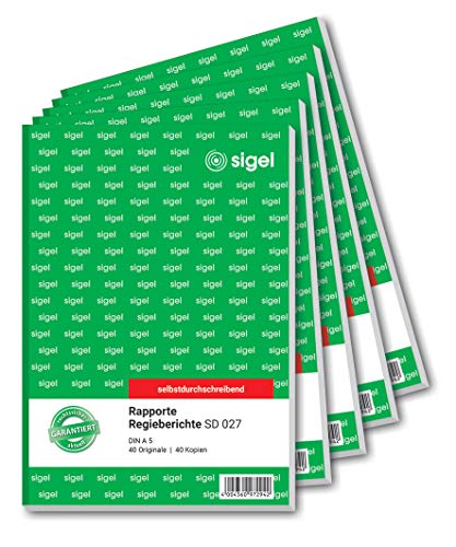 SIGEL SD027/5 Rapport / Regiebericht A5, 2x40 Blatt, selbstdurchschreibend, 5er Pack, mikroperforiert, mit Abheftlochung, aus nachhaltigem Papier von Sigel