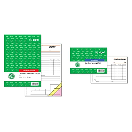 SIGEL SD067 Lohnarbeits-Nachweis A5, 3x40 Blatt, selbstdurchschreibend & SIGEL ST615 Stundenerfassung, A6 quer, 50 Blatt, mit Blaupapier von Sigel