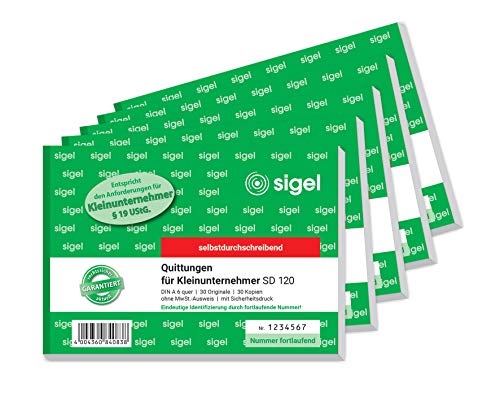 SIGEL SD120/5 Quittungsblock für Kleinunternehmer, fortlaufend nummeriert, eindeutige 7stellige Nummer, A6 quer, 5 Stück, 2x30 Blatt, selbstdurchschreibend, aus nachhaltigem Papier von Sigel