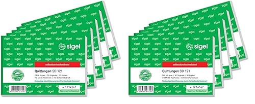 SIGEL SD121/5 Quittungsblock fortlaufend nummeriert, eindeutige 7stellige Nummer, A6 quer, 5 Stück, 2x50 Blatt, selbstdurchschreibend, aus nachhaltigem Papier (Packung mit 2) von Sigel