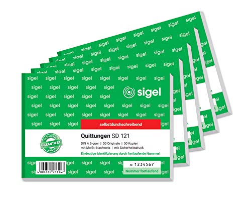 SIGEL SD121/5 Quittungsblock fortlaufend nummeriert, eindeutige 7stellige Nummer, A6 quer, 5 Stück, 2x50 Blatt, selbstdurchschreibend, aus nachhaltigem Papier von Sigel