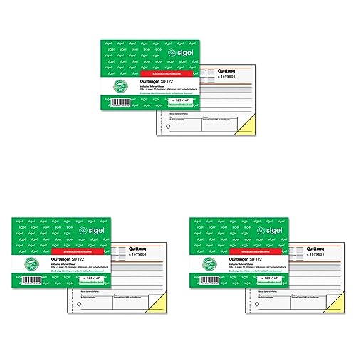 SIGEL SD122 Quittungsblock inkl. MwSt., A6, 2x50 Blatt, nummeriert, selbstdurchschreibend (Packung mit 3) von Sigel
