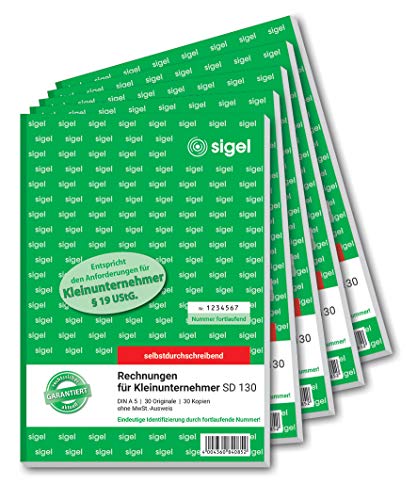 SIGEL SD130/5 Rechnungen für Kleinunternehmer A5, 2x30 Blatt, ohne MWST-Ausweis, selbstdurchschreibend, 5 Stück, mikroperforiert, mit Abheftlochung von Sigel
