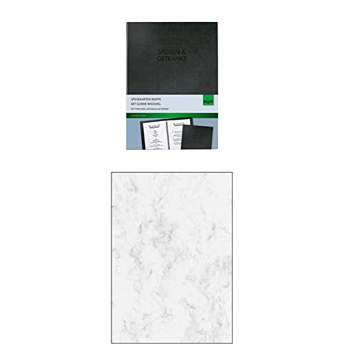SIGEL SM116 Speisekarten-Mappe mit Gummi-Bindung für A5, schwarz + SIGEL DP371 Hochwertiges Marmor-Papier grau, A4, 100 Blatt, Motiv beidseitig, 90 g, Briefpapier, Speisekarte von Sigel