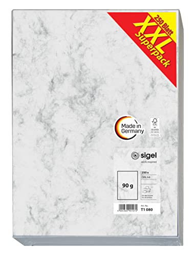SIGEL T1080 Hochwertiges Marmor-Papier A4 grau (250 Blatt, 90 g) beidseitig marmoriert, Briefpapier, Speisekarte, XXL-Superpack wie DP371 von Sigel