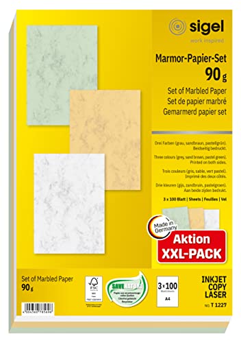 SIGEL T1227 Hochwertiges Marmor-Papier Set A4 300 Blatt gesamt, je 100x grau, sandbraun, pastellgrün, 90 g, Briefpapier, Speisekarte von Sigel