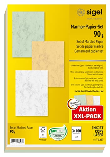SIGEL T1227 Hochwertiges Marmor-Papier Set A4 300 Blatt gesamt, je 100x grau, sandbraun, pastellgrün, 90 g, Briefpapier, Speisekarte SIGEL T1227 Hochwertiges Marmor-Papier Set A4 300 Blatt gesamt, je 100x grau, sandbraun, pastellgrün, 90 g, Briefpapier, Speisekarte von Sigel
