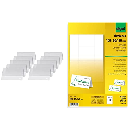SIGEL TA136 Tischaufsteller Dachform 10er Pack für 10 x 6 cm - weitere Größen & DP047 bedruckbare Tischkarten weiß, 10 x 6 cm (auf A4), 40 Stück - weitere Größen von Sigel