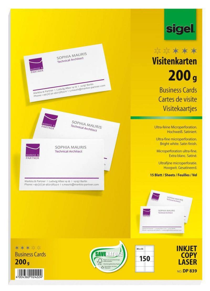 SIGEL Visitenkarten 200 g/m² satiniert hochweiß von Sigel
