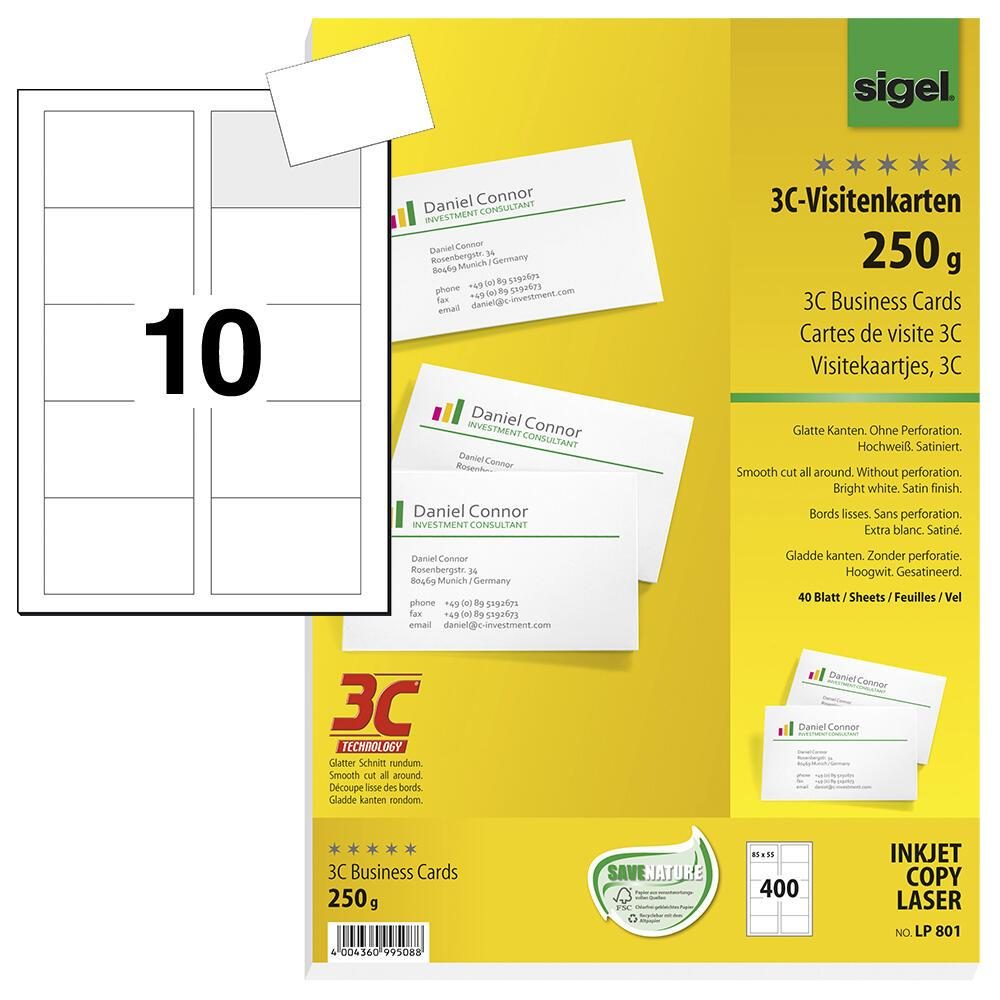 SIGEL Visitenkarten Visitenkarten weiß, 400ST. LP801 250 g/m² satiniert weiß von Sigel