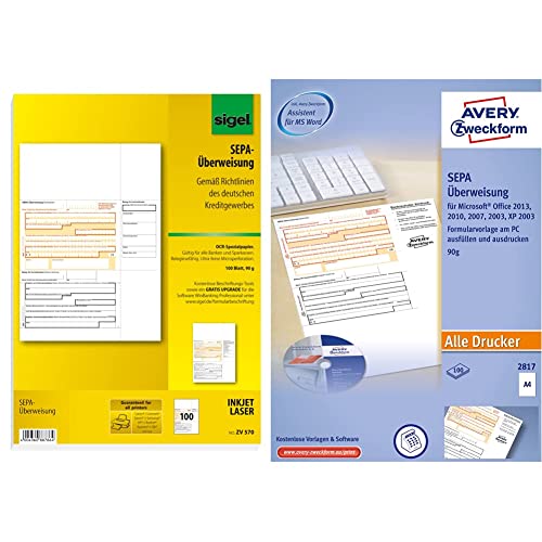 SIGEL ZV570 SEPA-Überweisungen, A4, 100 Blatt, incl. free download Beschriftungsassistent & AVERY Zweckform 2817 Sepa-Überweisung, (A4, inkl. Software-CD, von Rechtsexperten geprüft) weiß von Sigel