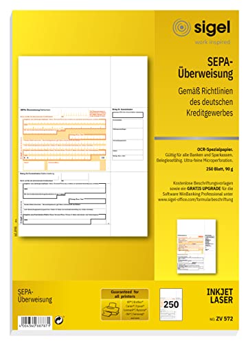 SIGEL ZV572 SEPA-Überweisungen, A4, 250 Blatt, Überweisungsträger / Zahlschein, mit gratis Beschriftungsvorlage von Sigel