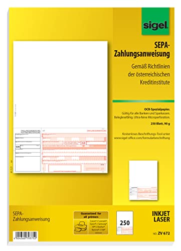 SIGEL ZV672 SEPA-Überweisungen Zahlungsanweisungen Österreich, A4, 250 Blatt, mit gratis Beschriftungsvorlage von Sigel