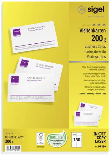 Sigel DP839 Bedruckbare Visitenkarten, microperforiert 85 x 55mm Hochweiß 150 St. Papierformat: DIN Sigel DP839 Bedruckbare Visitenkarten, microperforiert 85 x 55mm Hochweiß 150 St. Papierformat: DIN von Sigel