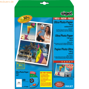 Sigel Fotopapier A4 InkJet 190g/qm superweiß seidenmatt VE=20 Blatt Sigel Fotopapier A4 InkJet 190g/qm superweiß seidenmatt VE=20 Blatt von Sigel