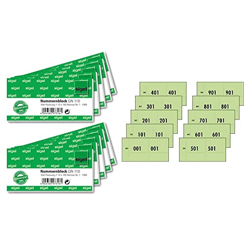 Sigel GN110 Nummernblock, 1000 Bons (nummeriert 1-1000, 10,5x5 cm, Farbauswahl nicht möglich) & 76153 Nummernblock grün, 1000 Bons (Nr. 1-1000, 10,5 x 5,3cm) von Sigel
