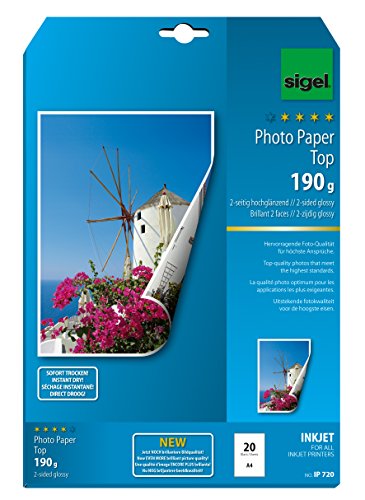 Sigel IP720 InkJet Fotopapier Top, A4, 20 Blatt, 2seitig hochglänzend, hochweiß, beidseitig bedruckbar, 190 g von Sigel