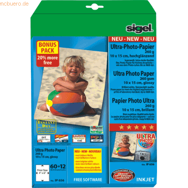 Sigel InkJet-Ultra-Photo-Papier 10x15cm 260g/qm hochglänzend 20+4 Blat Sigel InkJet-Ultra-Photo-Papier 10x15cm 260g/qm hochglänzend 20+4 Blat von Sigel