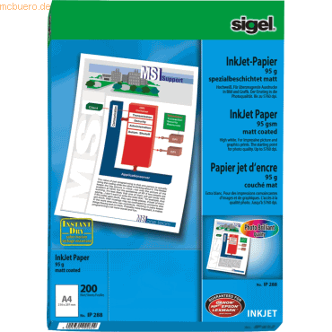 Sigel Inkjetpapier A4 95g/qm spezialbeschichtet hochweiß VE=200 Blatt Sigel Inkjetpapier A4 95g/qm spezialbeschichtet hochweiß VE=200 Blatt von Sigel