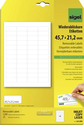Sigel LA204 Universal-Etiketten 45.7 x 21.2mm Papier Weiß 1200 St. Wiederablösbar Tintenstrahldruc von Sigel