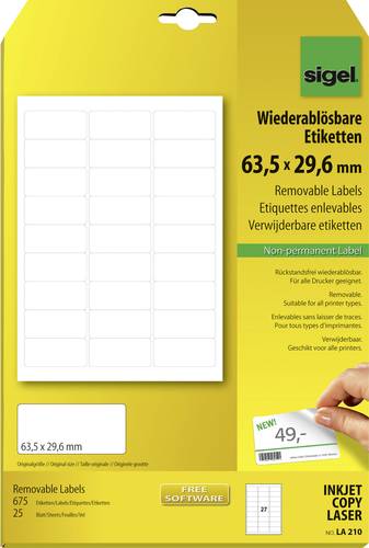 Sigel LA210 Universal-Etiketten 63.5 x 29.6mm Papier Weiß 675 St. Wiederablösbar Tintenstrahldruck von Sigel
