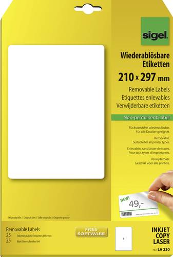 Sigel LA230 Universal-Etiketten 210 x 297mm Papier Weiß 25 St. Wiederablösbar Tintenstrahldrucker, von Sigel