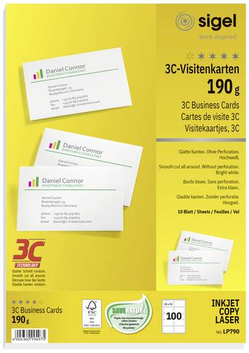 Sigel LP790 Bedruckbare Visitenkarten, glatte Kanten 85 x 55mm Hochweiß 100 St. Papierformat: DIN A4 Sigel LP790 Bedruckbare Visitenkarten, glatte Kanten 85 x 55mm Hochweiß 100 St. Papierformat: DIN A4 von Sigel