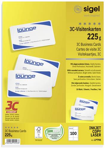 Sigel LP798 Bedruckbare Visitenkarten, glatte Kanten 85 x 55mm Hochweiß 100 St. Papierformat: DIN A4 von Sigel