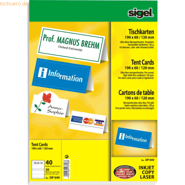 Sigel Tischkarten A4 185g/qm hochweiß VE=40 Stück Sigel Tischkarten A4 185g/qm hochweiß VE=40 Stück von Sigel