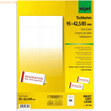Sigel Tischkarten A4 185g/qm hochweiß VE=80 Stück Sigel Tischkarten A4 185g/qm hochweiß VE=80 Stück von Sigel