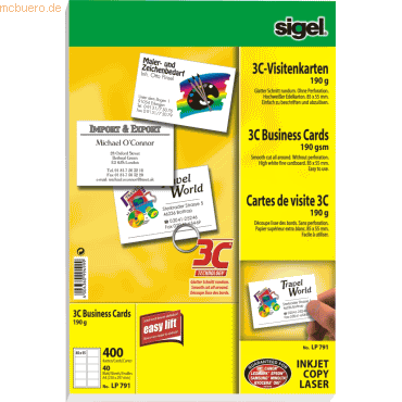 Sigel Visitenkarten 3C Ink/Laser/Copy 190g/qm hochweiß VE=400 Stück von Sigel