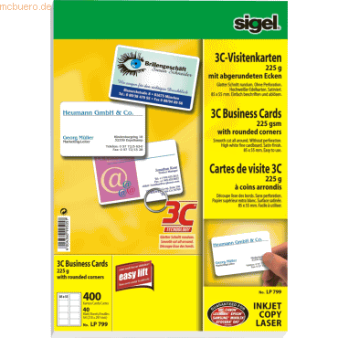 Sigel Visitenkarten 3C Ink/Laser/Copy 225g/qm hochweiß VE=400 Stück von Sigel