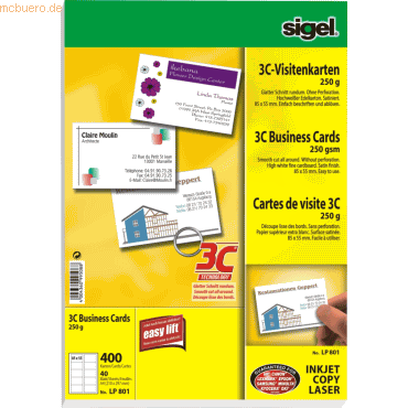 Sigel Visitenkarten 3C Ink/Laser/Copy 250g/qm hochweiß VE=400 Stück von Sigel