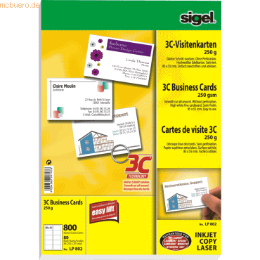 Sigel Visitenkarten 3C Ink/Laser/Copy 250g/qm hochweiß VE=800 Stück von Sigel