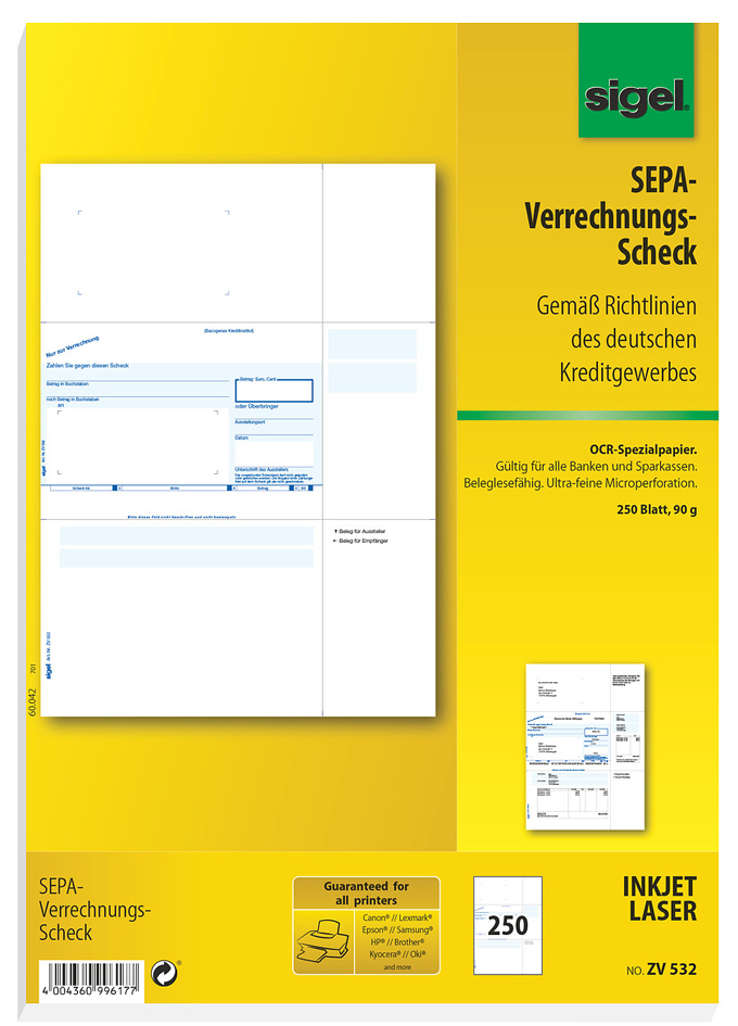 sigel Bankformular , PC-Sepa-Verrechnungs-Scheck, , A4 von Sigel