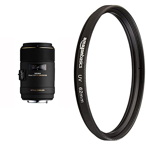 Sigma 258101 105 mm F2,8 EX Makro DG OS HSM-Objektiv (62 mm Filtergewinde) für Canon Objektivbajonett & Amazon Basics UV-Sperrfilter - 62mm von Sigma