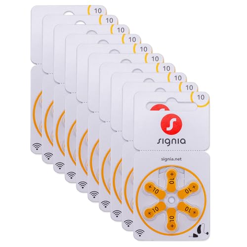 Siemens-Signia Hörgerätebatterien Typ 10 gelb, Batterien für Hörgeräte 60 Stück Vorratspack, Made in Germany, inkl. GRATIS Reinigungstuch, Wireless Approved, quecksilberfrei von Signia