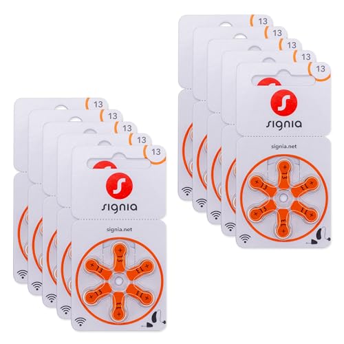 Siemens-Signia Hörgerätebatterien Typ 13 orange, Batterien für Hörgeräte 60 Stück Vorratspack, Made in Germany, inkl. GRATIS Reinigungstuch, Wireless Approved, quecksilberfrei von Signia