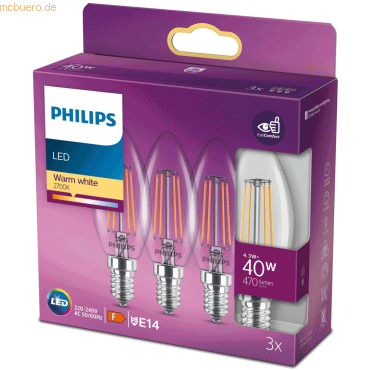 Signify Philips LED classic Lampe 40W E14 Kerze Warmw 470lm klar 3erP von Signify