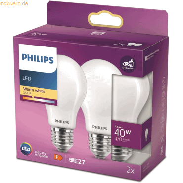 Signify Philips LED classic Lampe 40W E27 Warmweiß 470lm matt 2erPack Signify Philips LED classic Lampe 40W E27 Warmweiß 470lm matt 2erPack von Signify